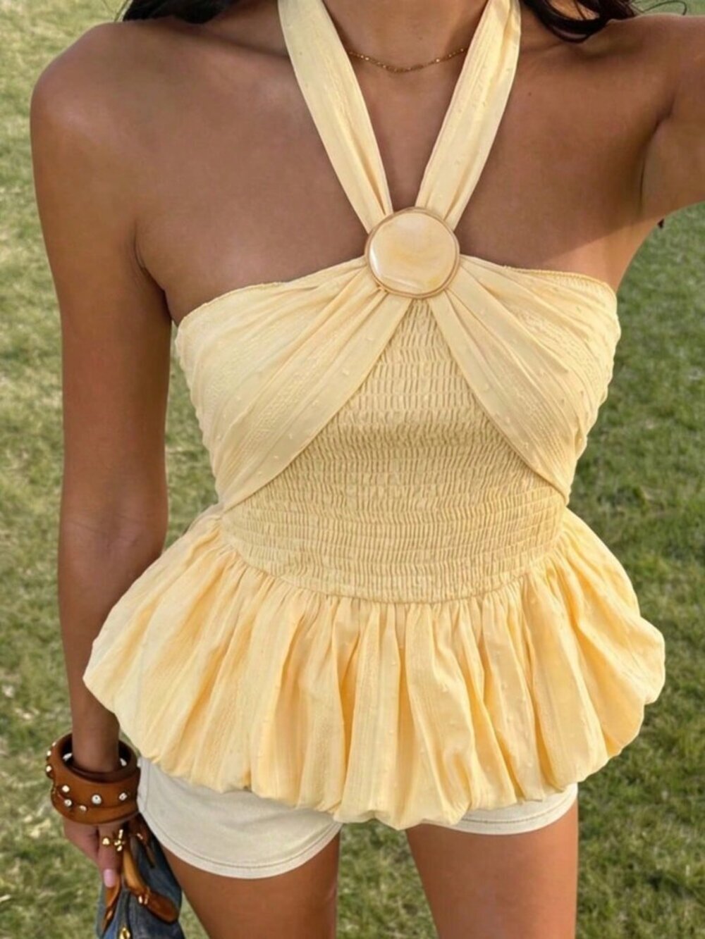 Yellow Boho Women's Halter Top, Metal Buckle, Waist, Ruffled Backless Flounce